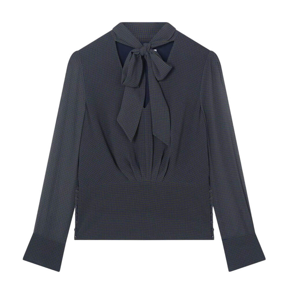 L.K. Bennett Rosie Midnight Houndstooth Print V Neck Blouse